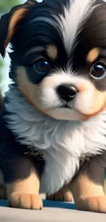 Adorable black and white puppy standing on a path.