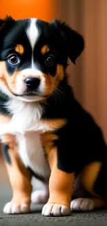 Adorable puppy sitting on the floor with a curious expression.