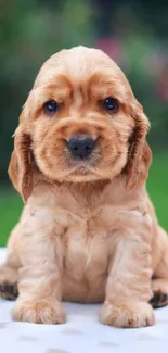 Adorable golden puppy sitting on a table with a lush green background.