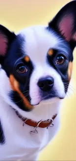 Adorable black and white puppy with a soft yellow background.