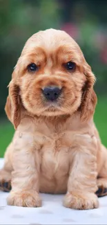 Cute brown puppy sitting on a table with a green background.