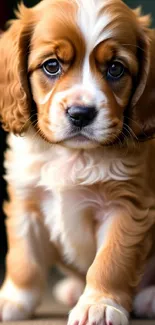 Adorable puppy with fluffy curls sitting indoors.