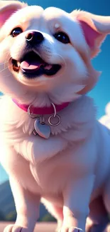 Cute, fluffy puppy with a pink collar against a sky blue background.