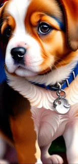 Adorable puppy with blue collar on vibrant background.