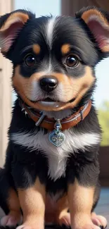 Adorable black and brown puppy with a collar on wooden floor.