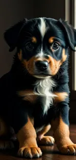 Adorable puppy by the window wallpaper.