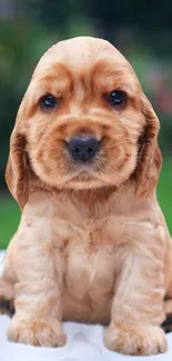 Adorable light brown cocker spaniel puppy posing outdoors.