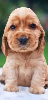 Adorable golden-brown puppy sitting on soft background.