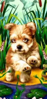 Cute puppy in nature setting with frogs, dragonflies, and lush greenery.