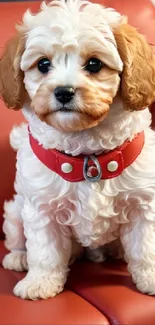 Adorable fluffy puppy sitting on a red chair wearing a red collar.