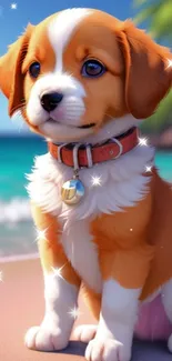 Cute puppy sitting on a tropical beach with palm trees.