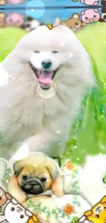 Samoyed and pug in a green field with cartoon animals.