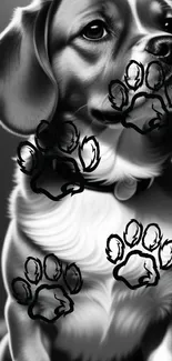 Black and white puppy with paw prints on wallpaper.