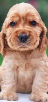 Adorable Cocker Spaniel puppy on a blanket outdoors.