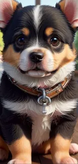 Cute puppy with big eyes on a wooden floor background.