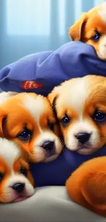 A pile of adorable puppies with orange and white fur nestled on a blue pillow.