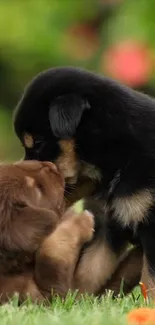 Two puppies playing on grass with green background.