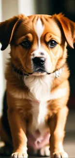 Adorable puppy sitting by a window, showcasing its expressive eyes and soft fur.