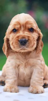 Golden Cocker Spaniel puppy sitting outdoors on grass.