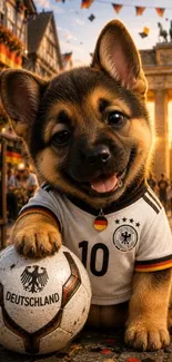Adorable German puppy in soccer jersey with ball.