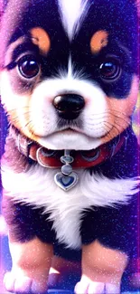 Adorable Corgi puppy with glittery background and vibrant colors.