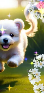 Adorable puppy running through spring flowers with vibrant greenery.