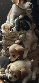 Adorable stack of sleeping puppies forming a warm, heart-melting mobile wallpaper.