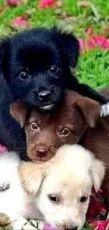 Three adorable puppies stack in grassy field with petals.