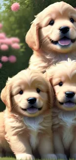 Three playful golden puppies with flowers.