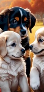 Three adorable puppies against an autumn background.