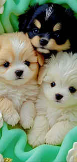 Three cute fluffy puppies with a mint green background.
