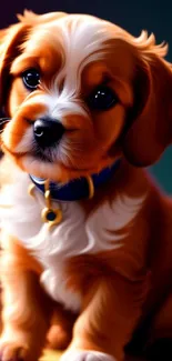 Adorable brown and white puppy on a vibrant gradient background.