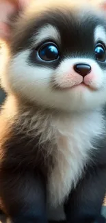 Adorable fluffy puppy with big blue eyes sitting on a surface.