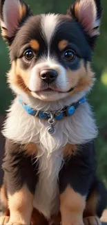 Adorable puppy sitting in a garden, smiling cutely.