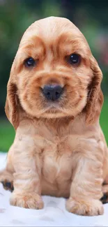 Cute caramel puppy sitting on a blurred garden background.