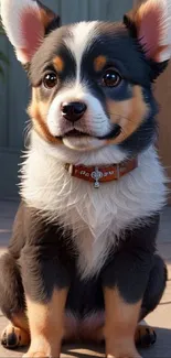 Adorable Tri-Colored Corgi Puppy Sitting on a Wooden Floor