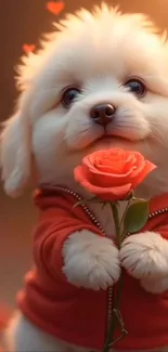 Cute puppy holding a rose in its paws, wearing a red hoodie.