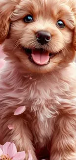 Cute puppy with pink cherry blossoms.