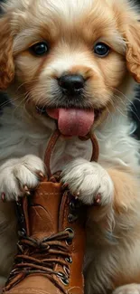 A fluffy puppy holding a brown boot in its mouth, looking adorable.