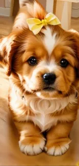 Cute puppy with yellow bow tie on wooden floor.