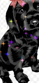 Black puppy with colorful stars and a red bow on white background.