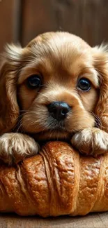 Cute puppy cuddling a croissant, perfect wallpaper.