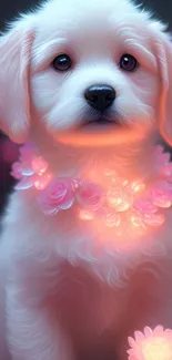 Adorable white puppy with glowing pink flower collar.