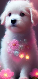 Cute white puppy with glowing pink flowers on a magical wallpaper.