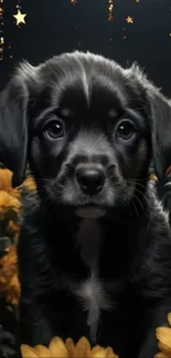 Adorable black puppy with flowers and starry background.