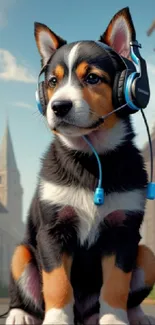 Cute puppy wearing blue headphones on a scenic street backdrop.