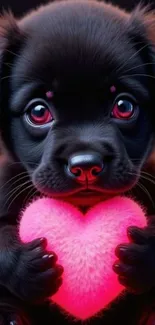 Cute puppy holds a pink heart, perfect for mobile wallpaper.