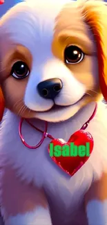 Adorable cartoon puppy with heart necklace.