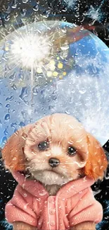 Adorable puppy in a pink sweater with a moonlit backdrop and raindrops.