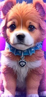 Cute puppy with turquoise collar and purple hearts in a bright room.